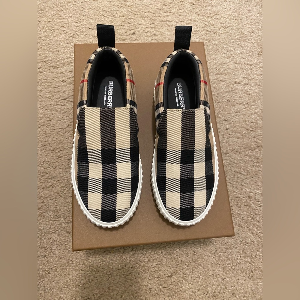 Burberry Beige Black Check Kids Slip-On Sneakers